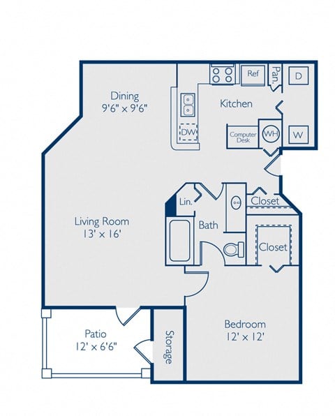 Floor plan for 1 bed, 1 bath, 807 sqft